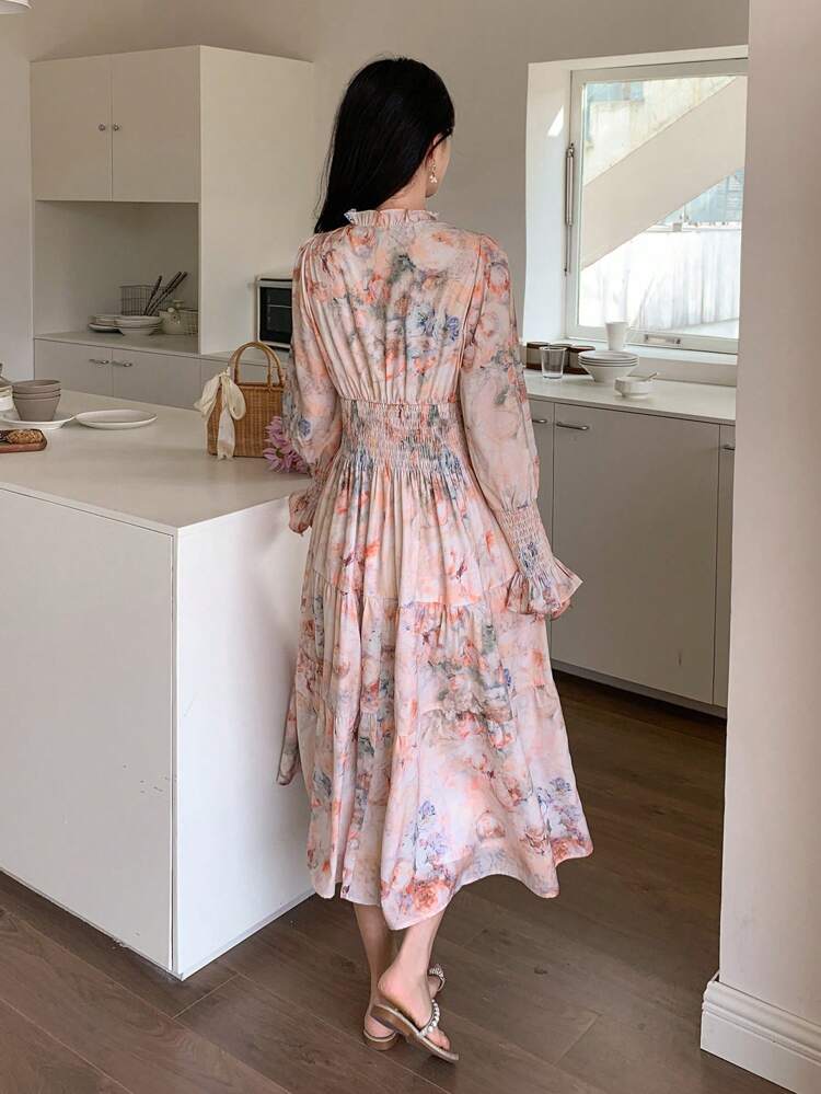Floral Printed Frill-Edge Self-Tie Neck Ladies' Dress,Ruffle,Fall Clothes Long Sleeve Dress Maxi Dress
