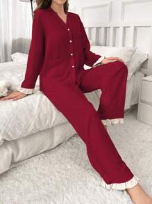 女式长袖上衣和荷叶边下摆睡衣套装 - 酒紅色 - 查看 6
