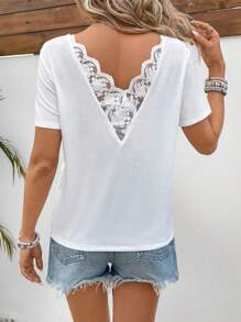 SHEIN Frenchy 女士花邊拼接短袖t恤,後拉鍊款式 - 白色 - 查看 5