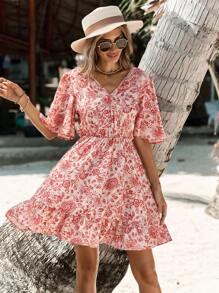 SHEIN Frenchy Váy hở lưng phối ren in hoa dành cho nữ, Váy ngắn mùa hè, Váy hở lưng in họa tiết Paisley lãng mạn đi nghỉ mát, Váy bóng hoa, Tay áo xếp nếp thanh lịch, Váy thanh lịch bó sát thoải mái - Nhiều màu - Xem 2