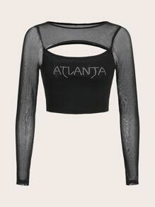 SHEIN ICON Camiseta De Manga Larga Con Detalle De Diamante Y Forma De Letra Calada Con Empalme De Malla Para Mujer - Negro - Ver 2