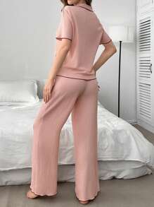 女士櫻桃刺繡彩塊蕾絲修邊短袖和褲子睡衣套裝 - 粉色 - 查看 2