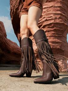 Styleloop Women's Tassel Detailed Slip-On Western Boots Women's Riding Boots Knee High Cowboyoutdoor Boots - Rust Brown - View 1