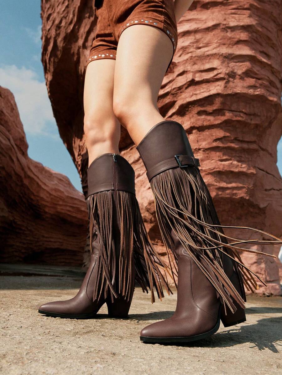 Styleloop Women's Tassel Detailed Slip-On Western Boots Women's Riding Boots Knee High Cowboyoutdoor Boots - Rust Brown - View 1