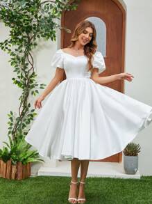 Elasola Satin Wedding Dress With Sweetheart Neckline, Bow Decor Puff Sleeves White Elegant Dress, Bridal Shower Dress White Dress