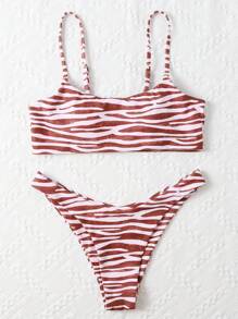 SHEIN Swim Zebra-Striped Fine Shoulder Straps Two-Piece Bikini Set, Wireless - Multicolor - View 3