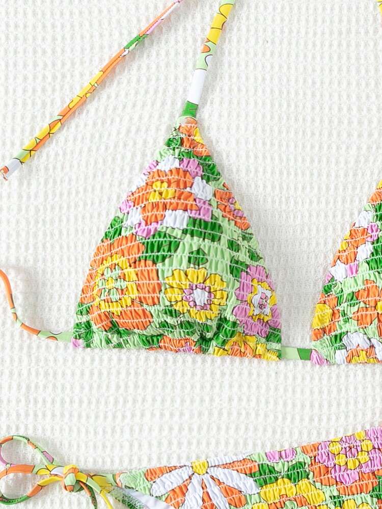 Summer Beach Women's Floral Print Halter Neck Tie Bikini Set