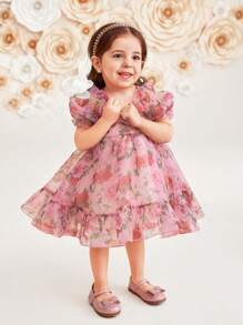 Mother & Baby Girls' Floral Pattern Organza Ruffle Sleeve Dress