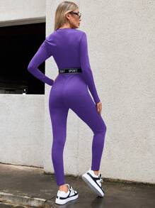SHEIN Essnce 女士拉鍊前半扣長袖緊身連體褲，帶印字皮帶 - 紫羅蘭色 - 查看 2