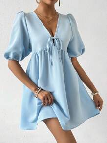 Chiquease 女性前扣短泡袖連衣裙 - 藍色 - 查看 4