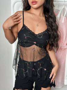 Lunelith SHEIN Lunessa Top Estilo Camisola De Malla Bordada Con Encaje Para Mujer