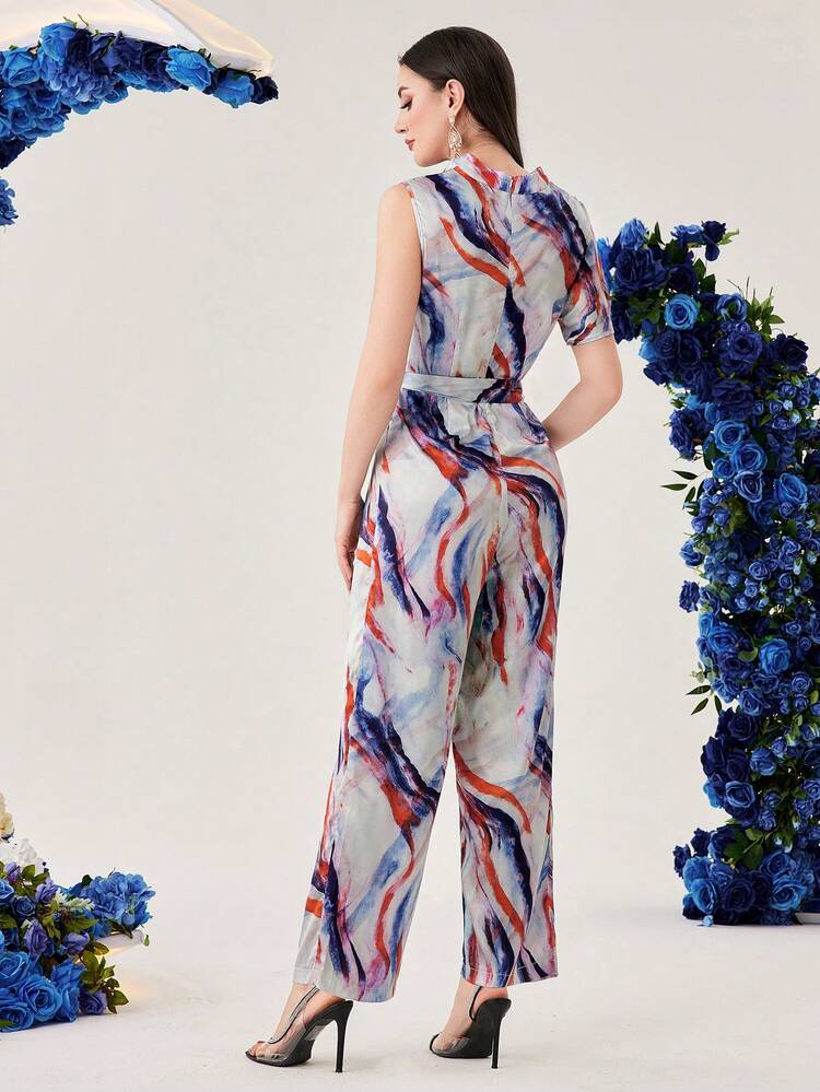 Ladies' One Shoulder Short Sleeve Tie Dye Jumpsuit
