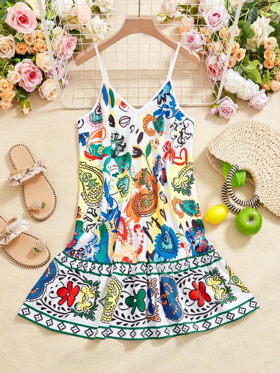 SHEIN VCAY 波西米亞印花荷葉邊肩帶夏季沙灘女裝連衣裙 - 彩色 - 查看 1
