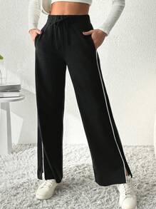 EURMUSE 時尚撞色拼接斜口袋運動長褲 - 黑色 - 查看 3