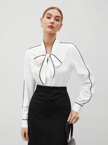 BizChic 女式條紋色塊領口細節捲邊襯衫 - 白色 - 查看 4