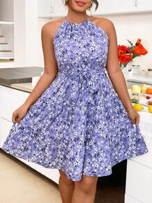 Breezaya Plus Size Women's Floral Print Halter Neck Dress - Purple - View 3