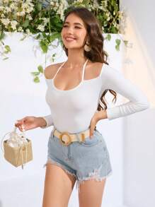GENKIRA Của phụ nữ Tay áo dài Dây Tie Trước Áo thun - trắng - Xem 6