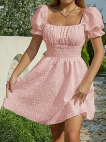 SHEIN Qutie Pleated Texture Fabric Dress With Gathered Bust Design - Pink - View 6