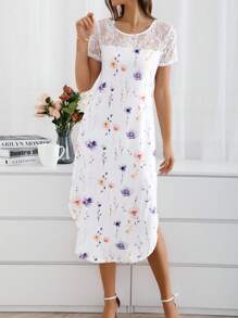 EMERY ROSE Của phụ nữ Vá lại Ren & In hoa Vòng cổ Ngắn tay Đầm Midi Cho mùa xuân - trắng - Xem 1