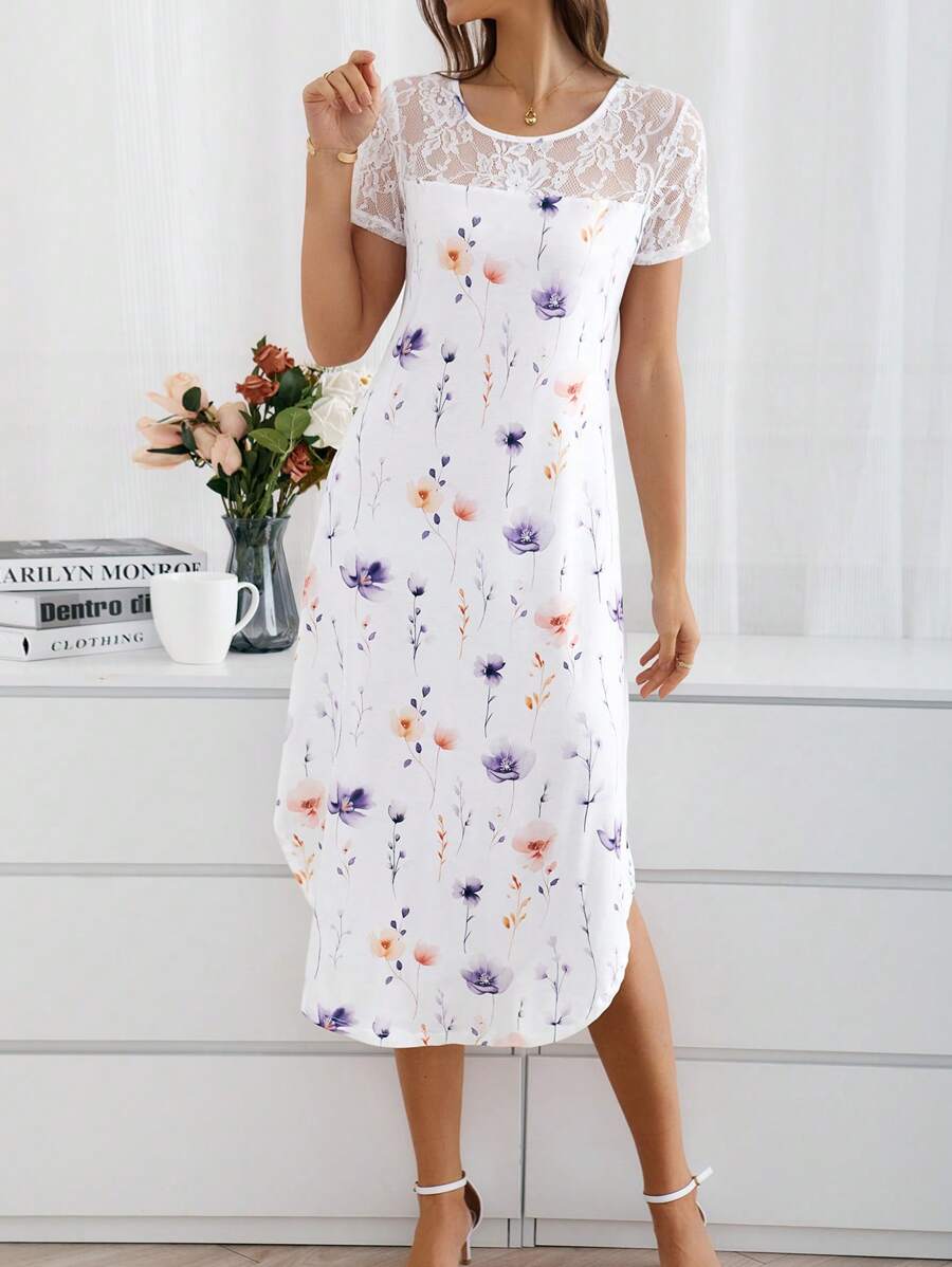 EMERY ROSE Của phụ nữ Vá lại Ren & In hoa Vòng cổ Ngắn tay Đầm Midi Cho mùa xuân - trắng - Xem 1