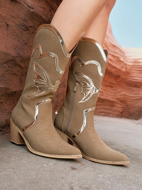 Styleloop Styleloop Women's Slip On Splicing Mid Calf Chunky Heel Western Boots ,European And American Fashionable Style Women Boots
