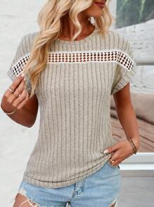 SHEIN LUNE Women's Patchwork Lace & Weave & Ribbed Detail Casual T-Shirt - Apricot - View 5