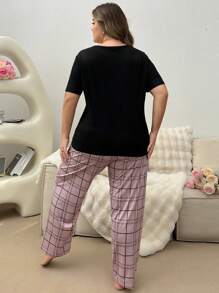 Women's Plus Size Pink Plaid Sleep Pants - Pink - View 2