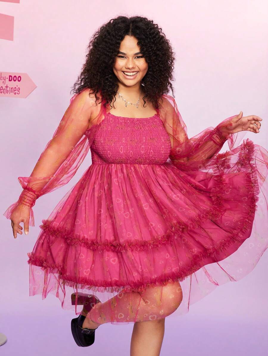 SCOOBY-DOO X SHEIN 加大尺碼卡通圖騰抽褶緊身胸衣泡泡袖連衣裙 - 粉色 - 查看 1