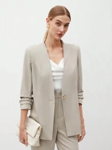 BizChic Áo blazer nữ tay lửng xếp ly, cài một nút, trang phục công sở thanh lịch, áo cơ bản cho các buổi đi chơi, trang phục giáo viên, trang phục trang trọng. - Màu be - Xem 6