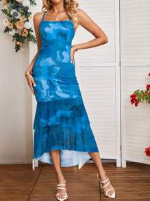 SHEIN Clasi Women's Printed Ruffle Hem Spaghetti Strap Dress Maxi Women Outfit - Blue - View 4