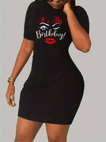 SHEIN Của phụ nữ Ngắn tay Đầm Với Mẫu khẩu hiệu - màu đen - Xem 1