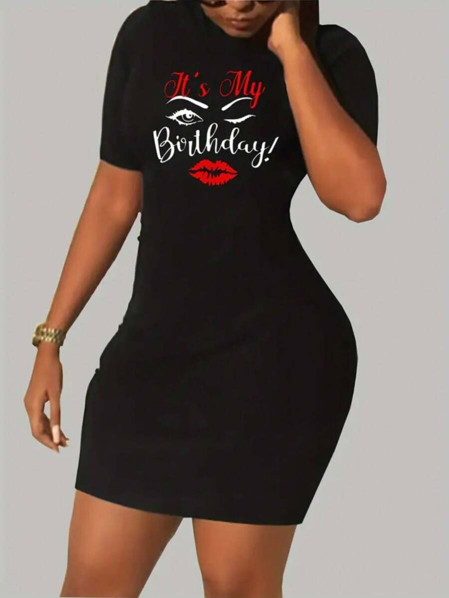 SHEIN Của phụ nữ Ngắn tay Đầm Với Mẫu khẩu hiệu - màu đen - Xem 1