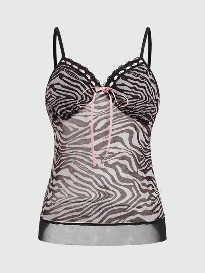 Kawaii قميص نسائي بدون أكمام وطبعة زيبرا ودانتيل