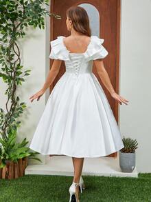 French Royal Style Lace Puff Sleeve Satin Wedding Dress With Ribbon Belt - White - View 2