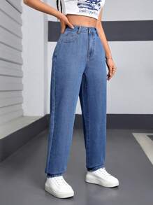 SHEIN EZwear Women's High Waist Straight Leg Denim Jeans - Blue - View 4