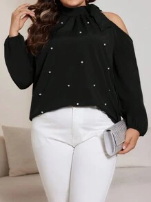 SHEIN Unity Plus Size Women Studded Blouse - Black - View 9