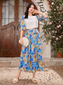 Seusyu Bộ 2 món áo tay loe họa tiết hoa và chữ dành cho nữ và chân váy cạp cao - Nhiều màu - Xem 5