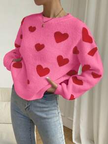 Chiquease 女士落肩爱心图案针织套头衫，秋冬款 - 彩色 - 查看 6