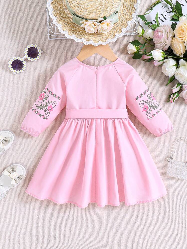Baby Girl Casual Floral Pattern Long Sleeve Midi Dress With Belt, Perfect For Vacation