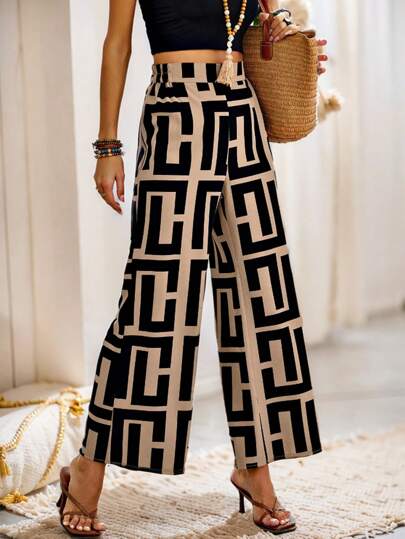 SHEIN LUNE Full Print Geometric Pattern Trousers Fall Cloth For Women