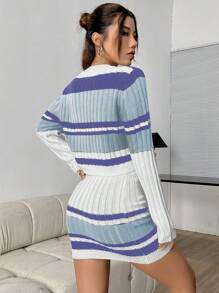 SHEIN Unity Conjunto de dos piezas para mujer con suéter de cuello redondo a rayas y falda de punto - Celeste - Ver 2