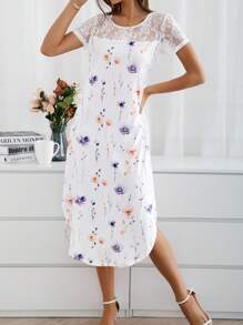 EMERY ROSE Của phụ nữ Vá lại Ren & In hoa Vòng cổ Ngắn tay Đầm Midi Cho mùa xuân - trắng - Xem 6