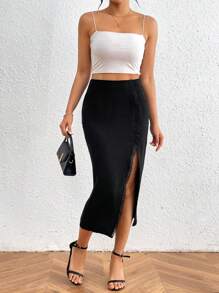 SHEIN Privé Falda De Encaje Con Abertura En La Pierna Alta Para Mujer - Negro - Ver 3