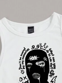 Slaydiva Casual Minimalist Face Mask Design Round Neck Fitted Tank Top For Women, Summer Back To School - White - View 5