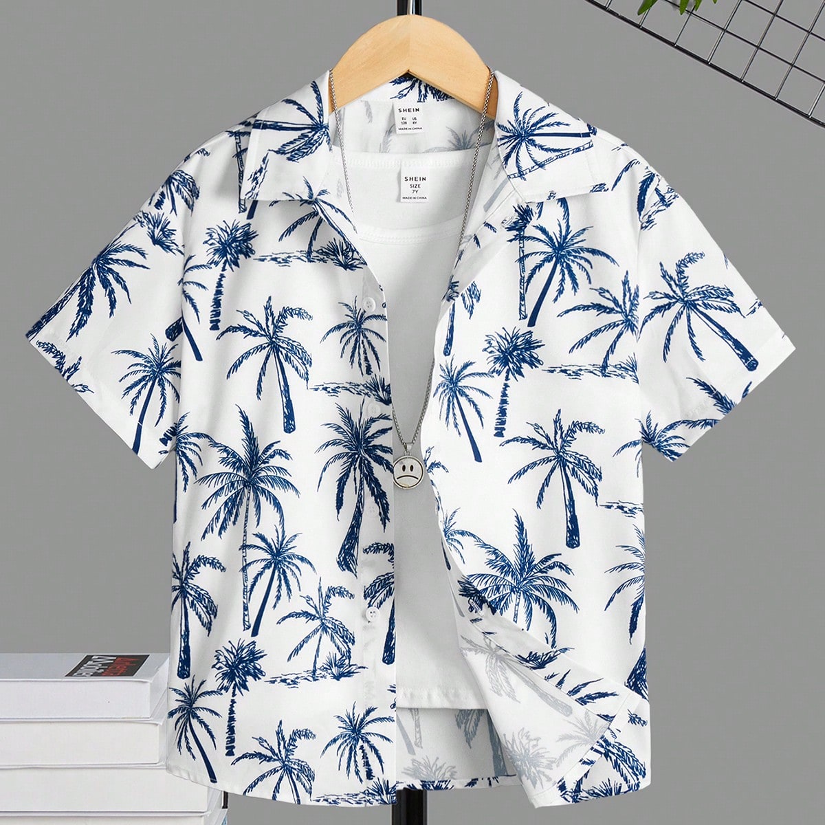 Camisa tejida de manga corta con cuello polo, estampado de árboles de coco, de estilo informal de vacaciones para niño preadolescente