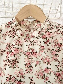 SHEIN Vintaside Kids 2pcs/Set Tween Girl Floral Print Ruffle Hem Top And Pants - Multicolor - View 4