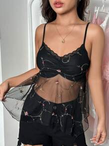 Lunelith SHEIN Lunessa Top Estilo Camisola De Malla Bordada Con Encaje Para Mujer