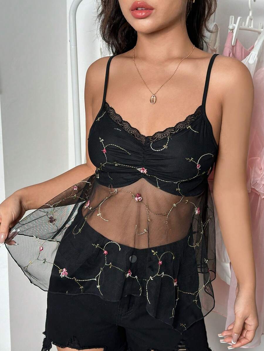 Lunelith SHEIN Lunessa Top Estilo Camisola De Malla Bordada Con Encaje Para Mujer