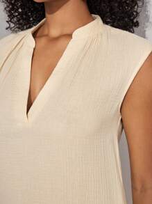 Ocili 100%純棉天然原料女式淺卡其色V領無袖家居服裙 - 卡其色 - 查看 6