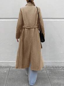 EURMUSE Lapel Neck Slant Pocket Belted Overcoat - Aprikot - View 2